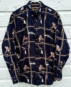 Bit & Bridle Shirt Mens M Black Tan Button Down Western Pistols AOP 100% Cotton